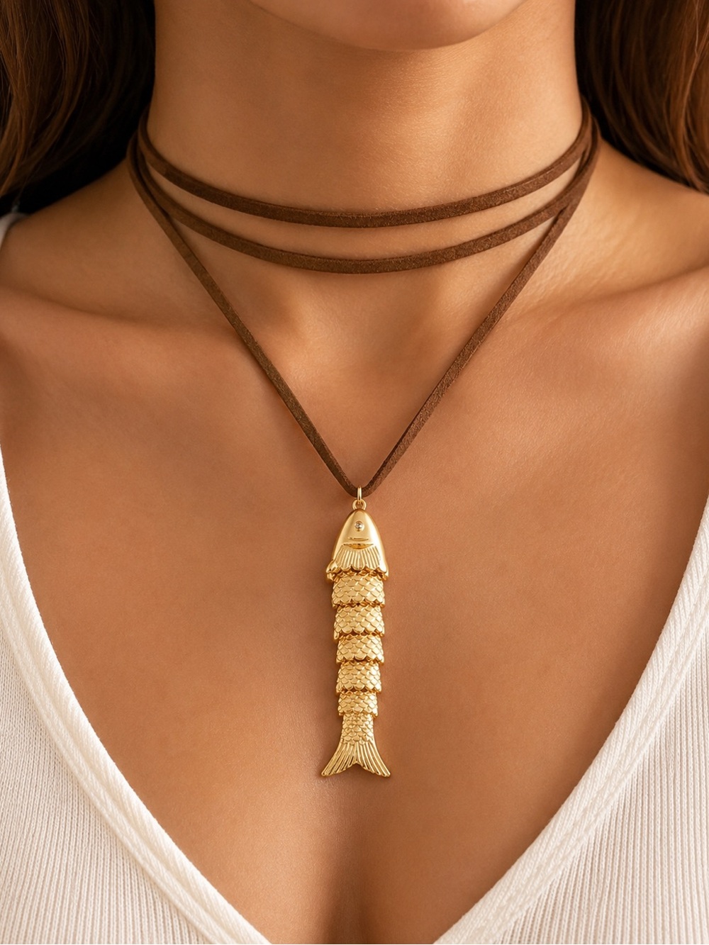 Gold Fish Pendant Layered Brown Suede Choker Necklace 18K Real Gold Plated